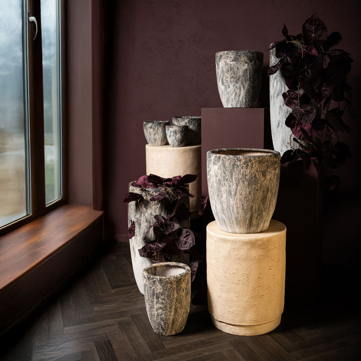 Miah grey marble-look ceramic planters, set of 2