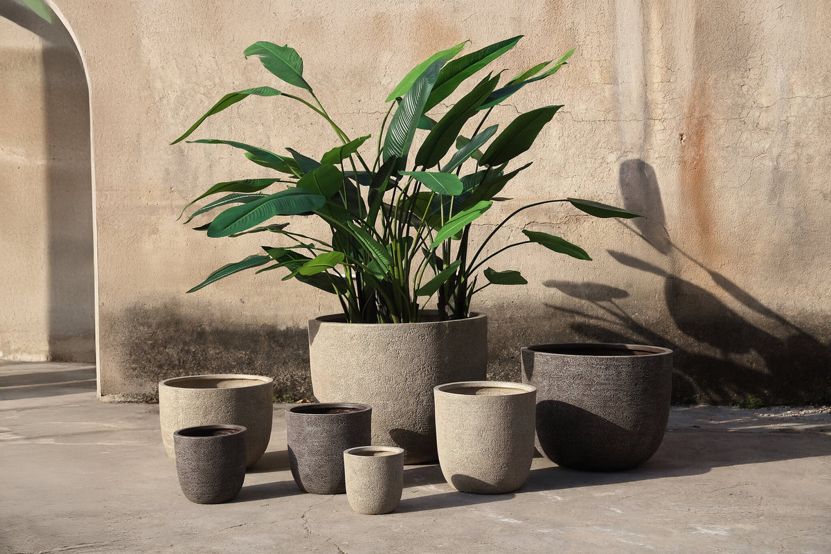 Delsey dark brown GRC structure planters, set of three