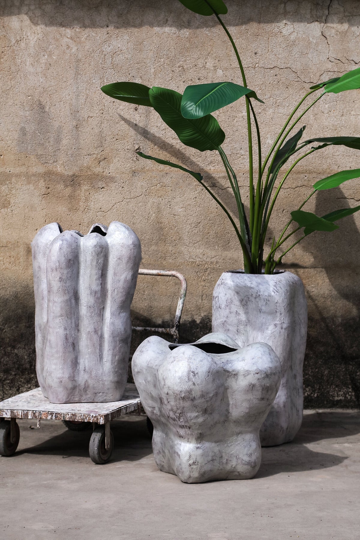 Velissa white fibre cement planters, irregular shape, set of four