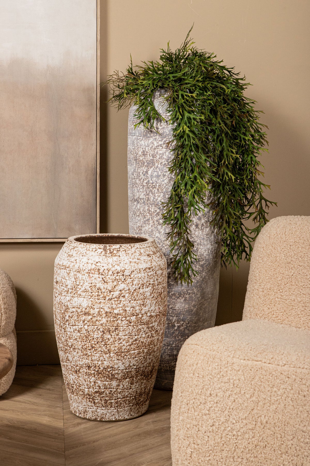 Vikki camel ceramic tall round planter, small
