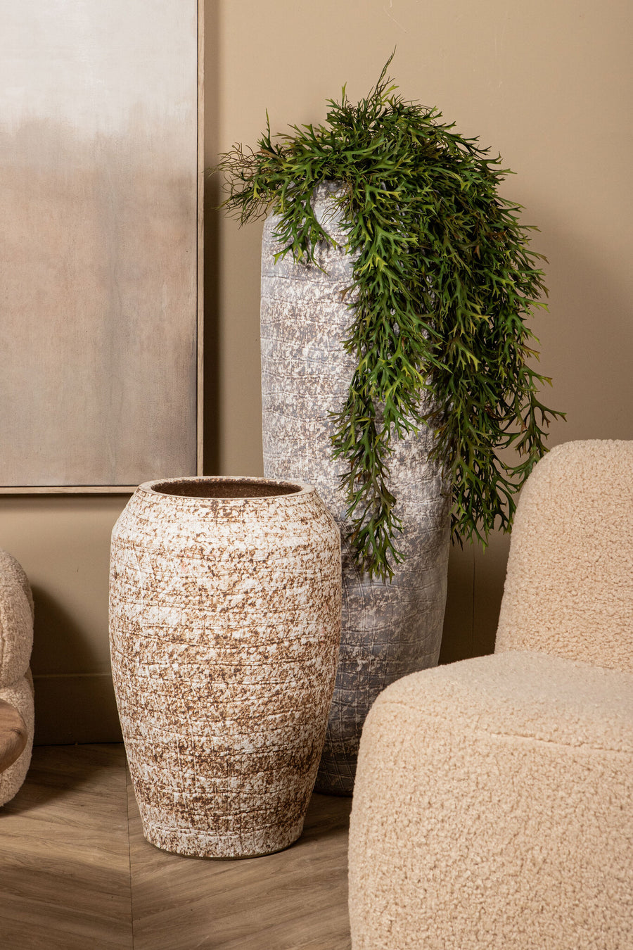 Vikki camel ceramic tall round planter, small