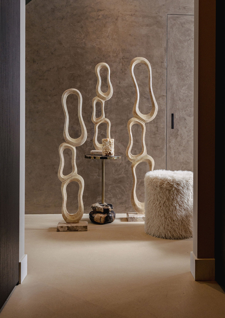 Camare beige abstract aluminium sculpture on marble base, medium