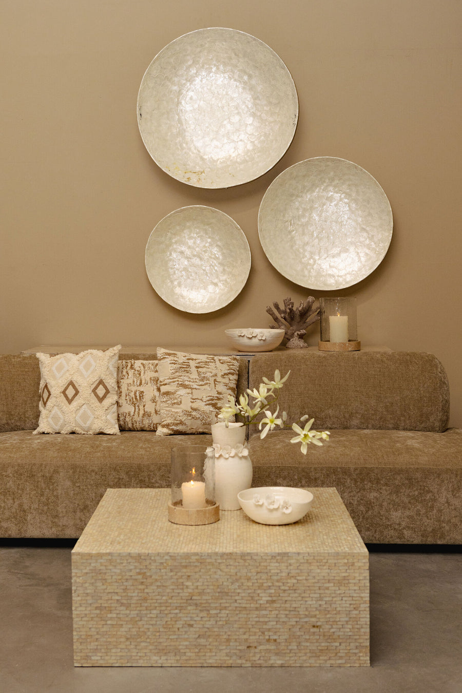 Aleska gold capiz shell square coffee table, small