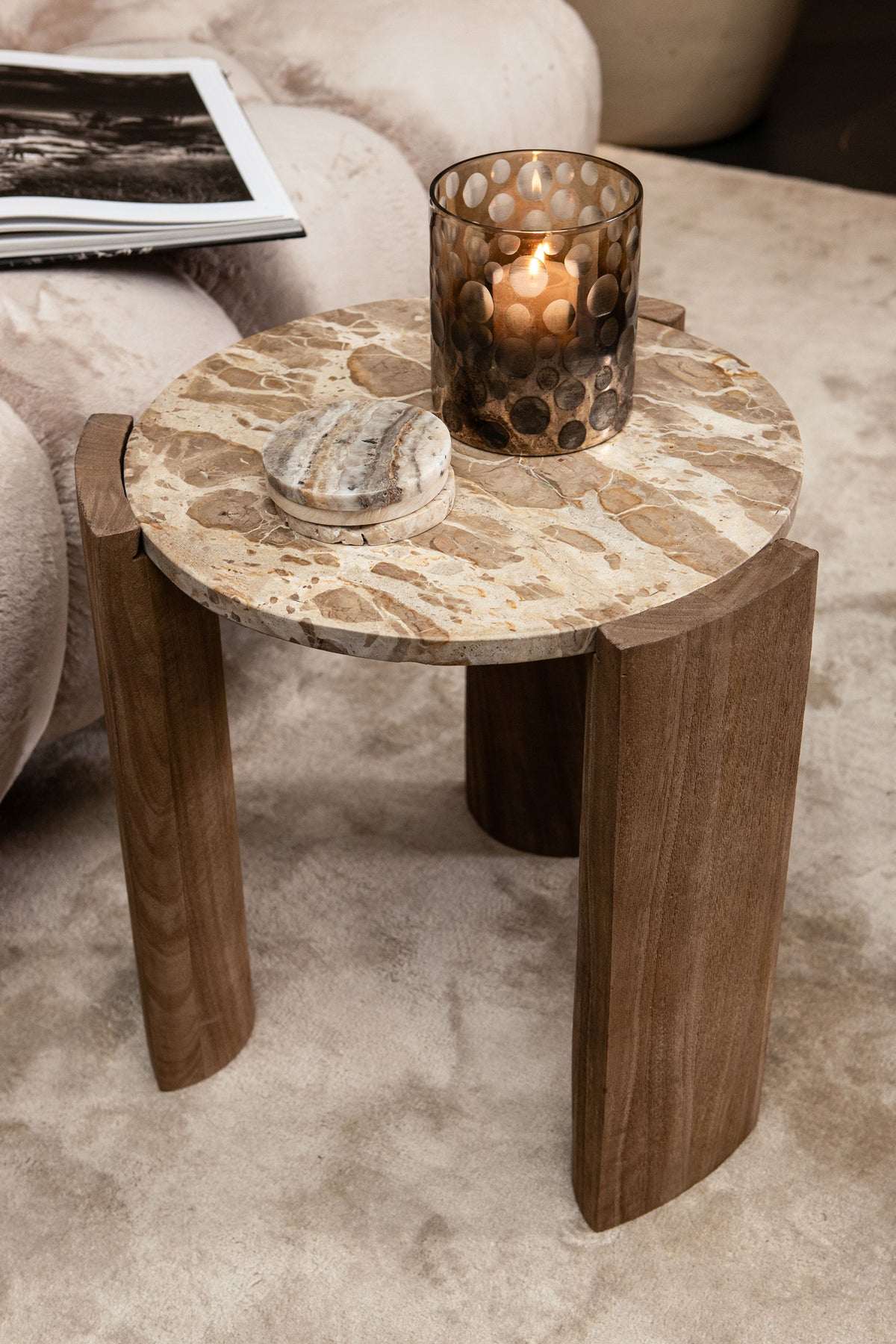 Javina natural marble coffee table with mango wood base, small