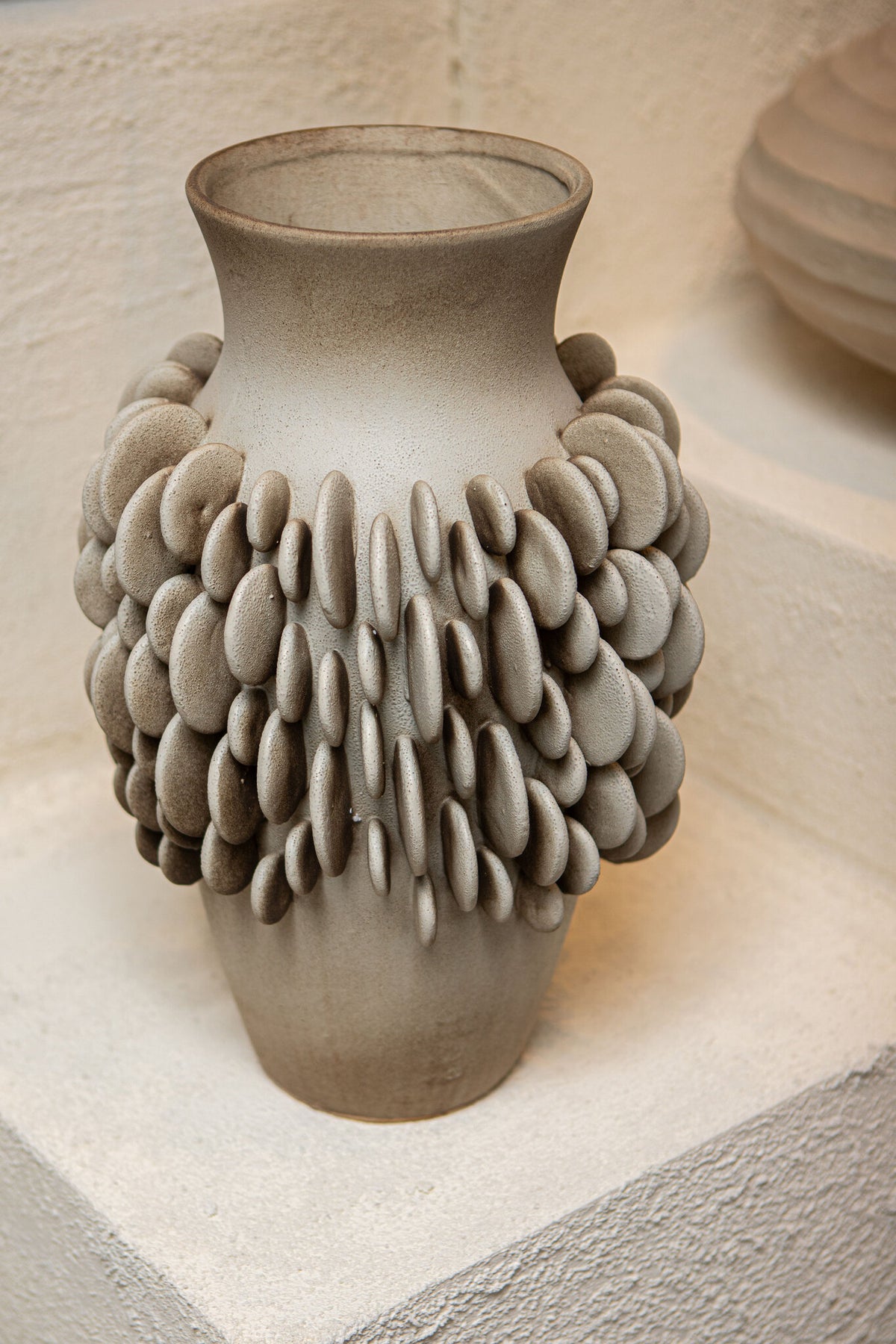 Wina beige scalloped ceramic vase, tall, small