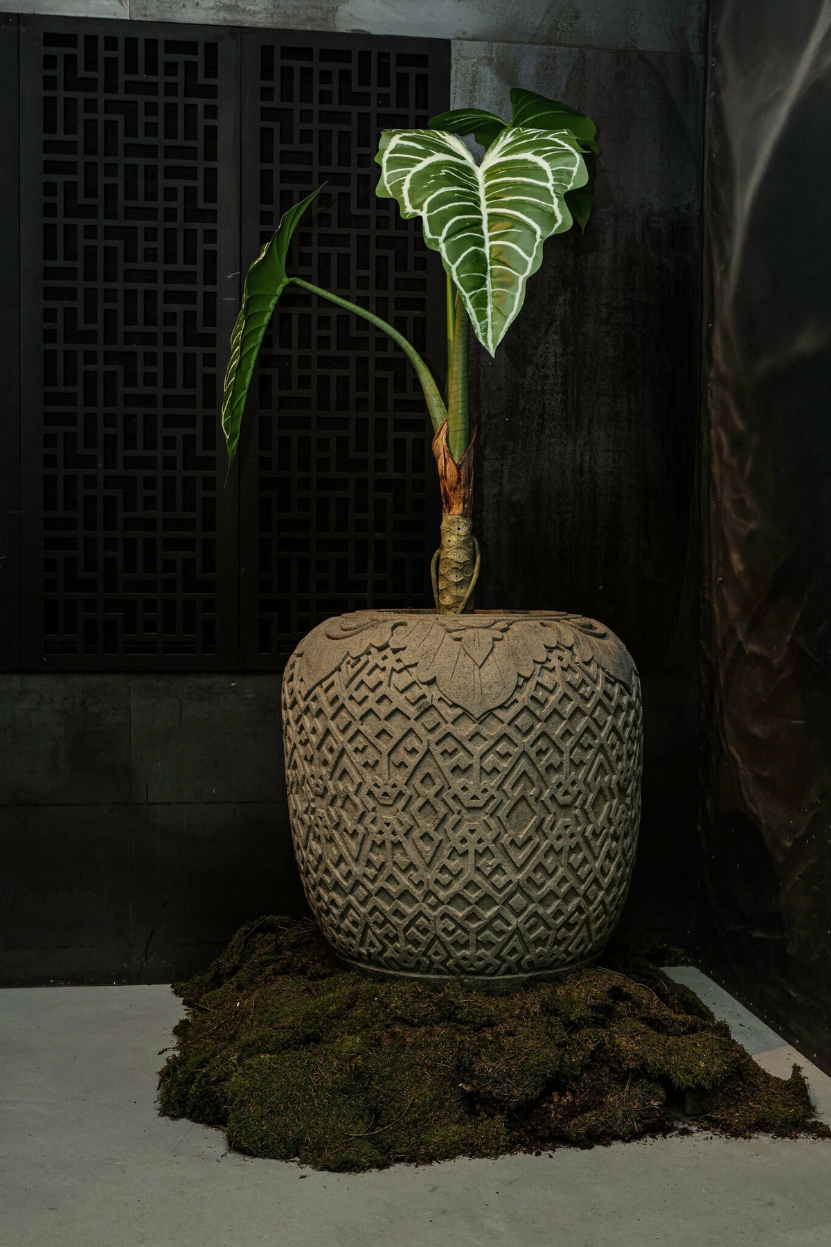 Luzmari grey carved cement planter, large