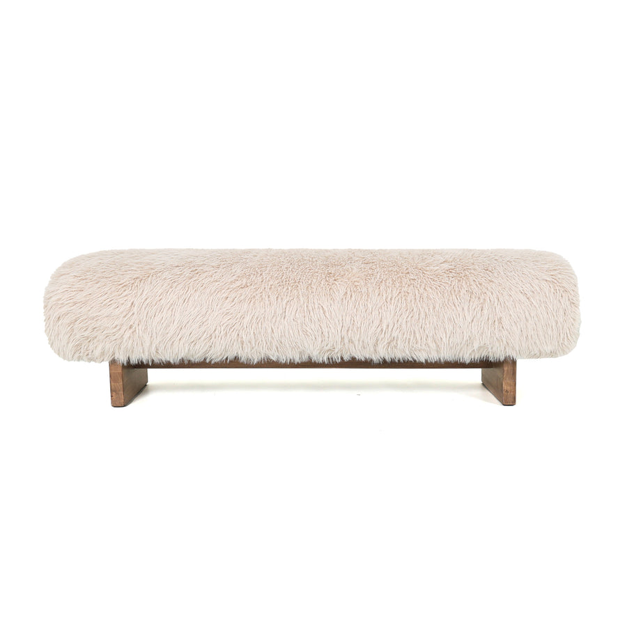 Hair beige upholstered bench with wooden legs