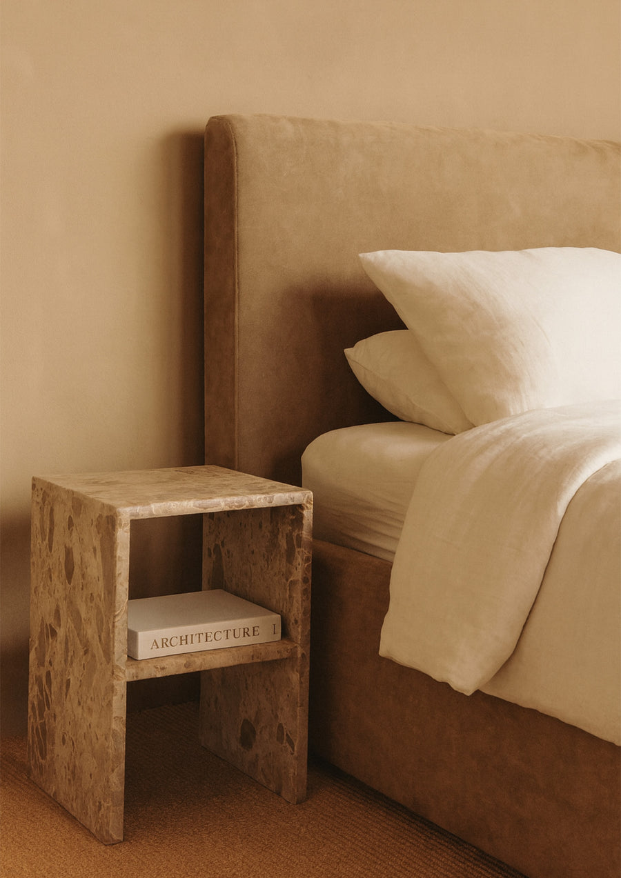 Elster beige marble side table with built-in shelf