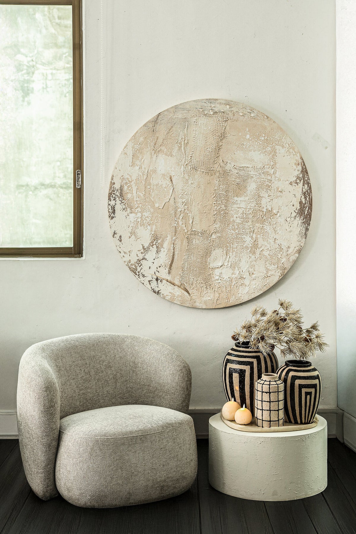 Moti beige textured round fabric wall panel, large