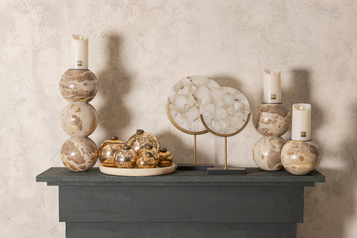 Charly beige marble ball-shaped candle holder, large