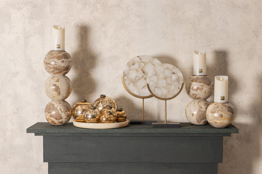 Charly beige marble ball-shaped candle holder, large