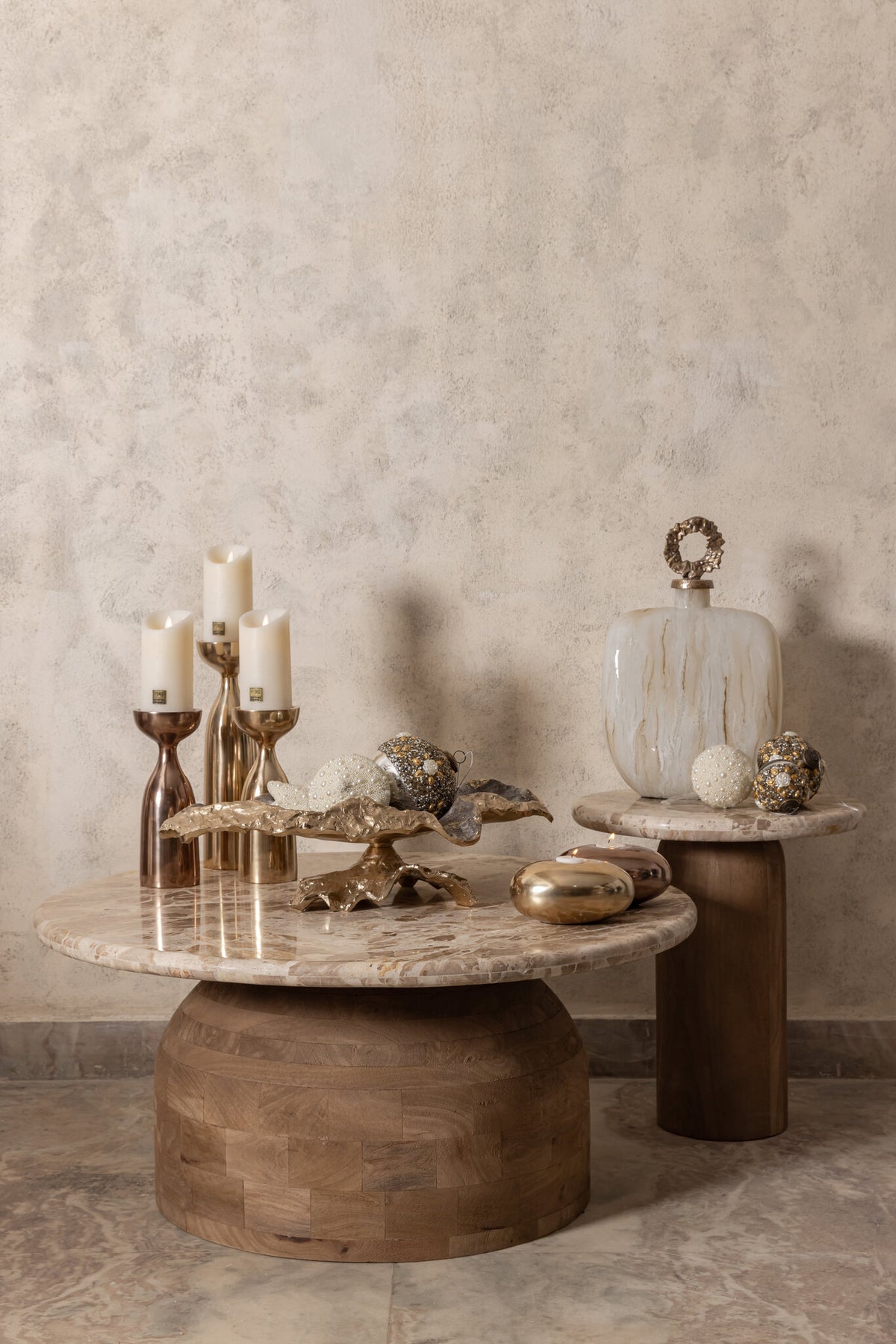 Claude light brown mango wood side table with marble top, small