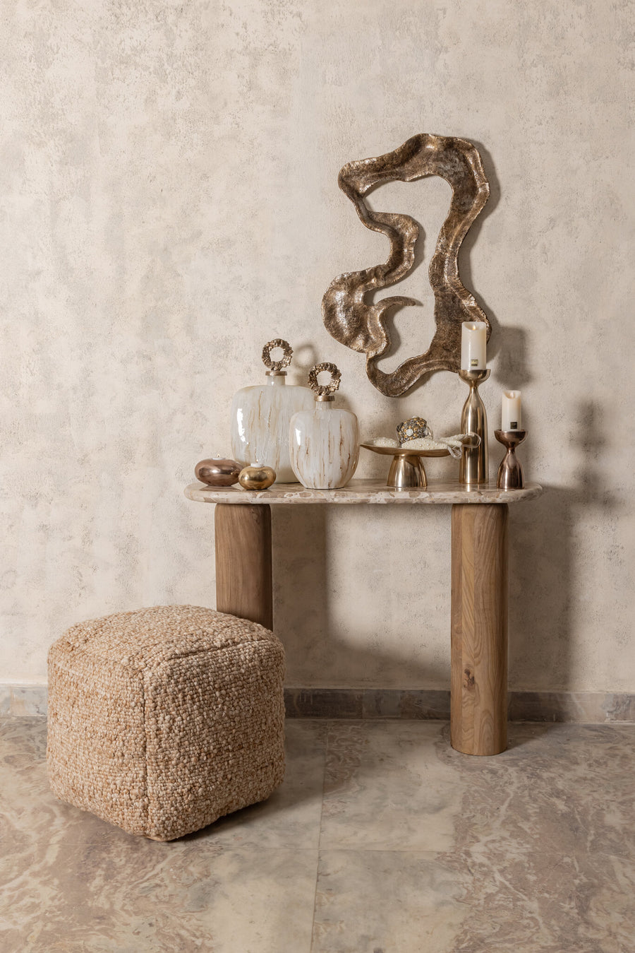 Claude light brown mango wood side table with marble top, large