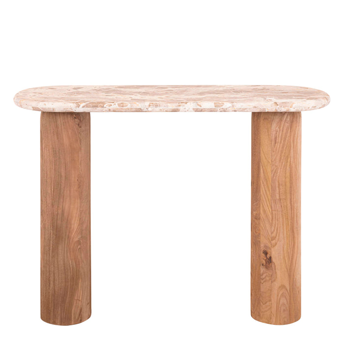 Claude light brown mango wood side table with marble top, large