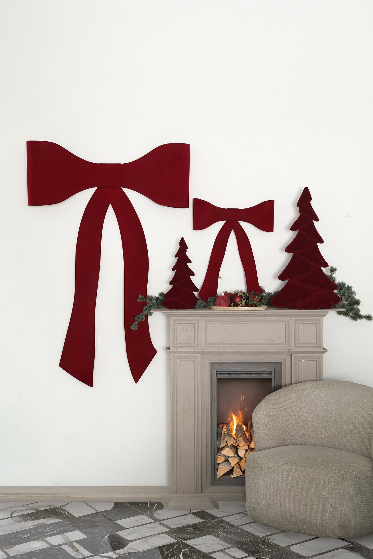 Ellion dark green flocked bow wall decoration, large