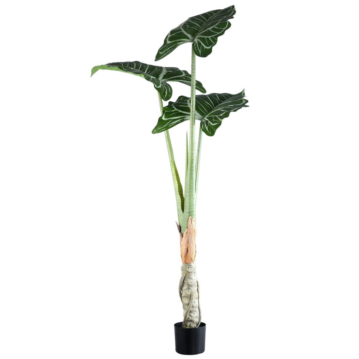 Leaves faux green plant in a black pot