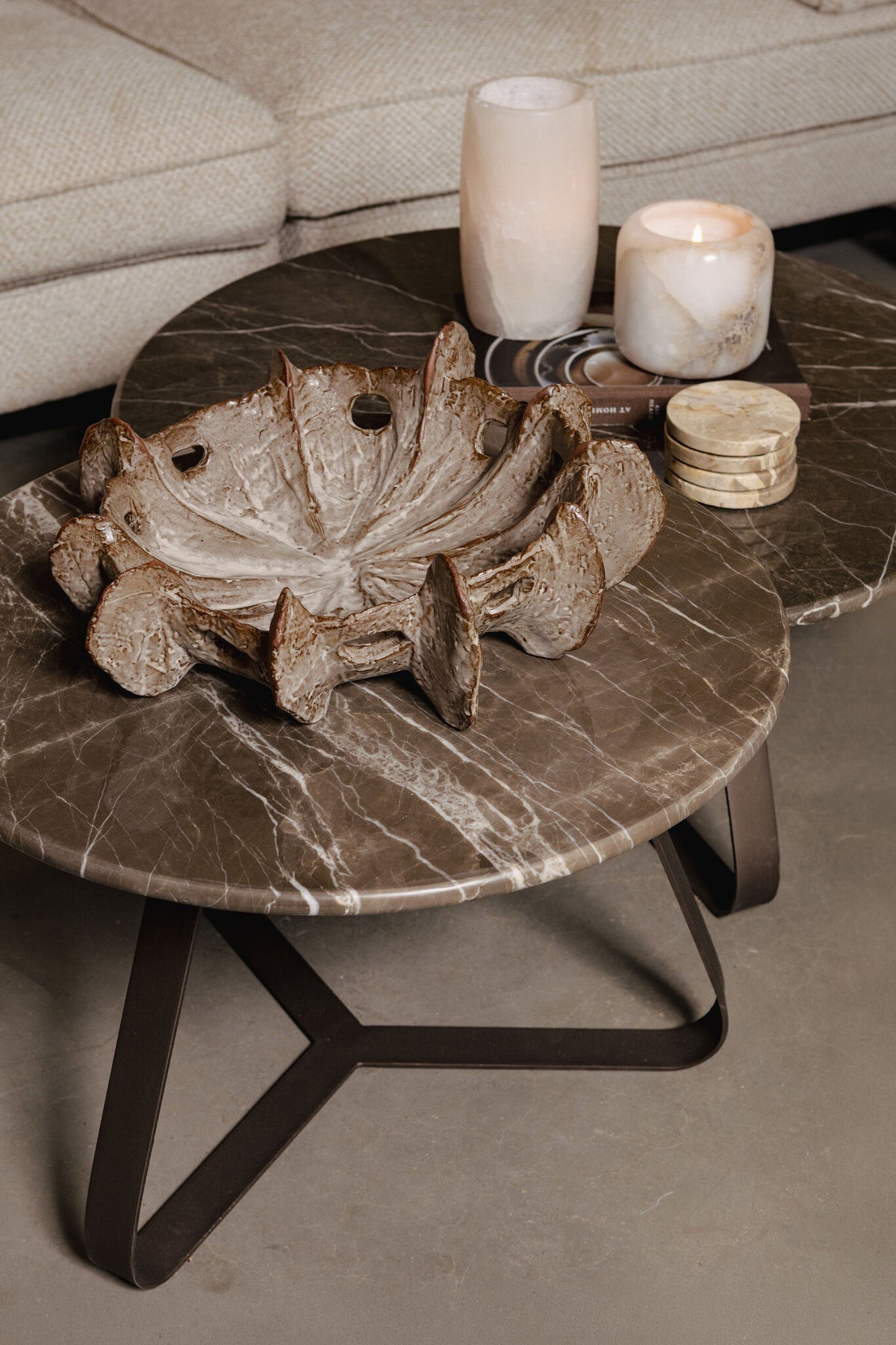 Kae dark brown marble coffee table with iron legs