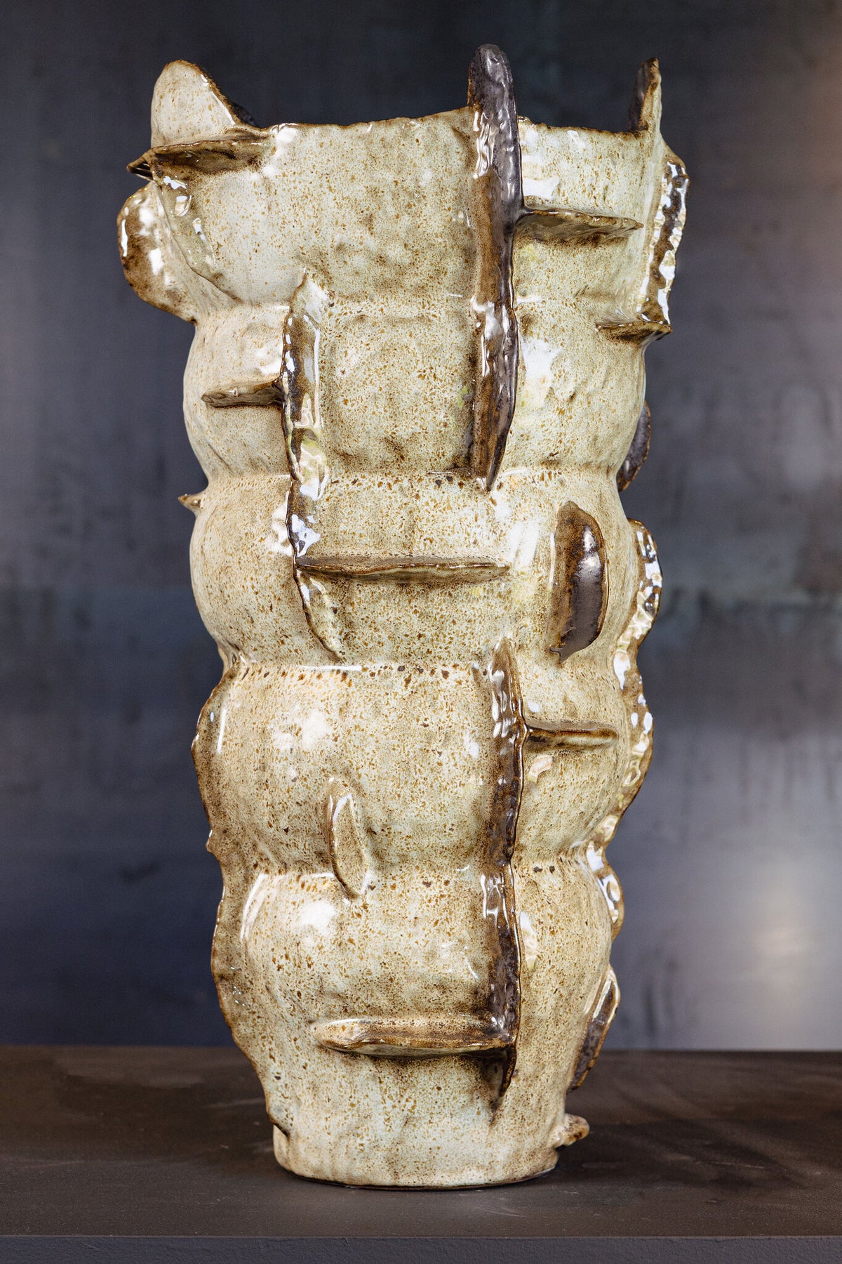 Cosha beige ceramic vase, bulbous shape with a fine line design
