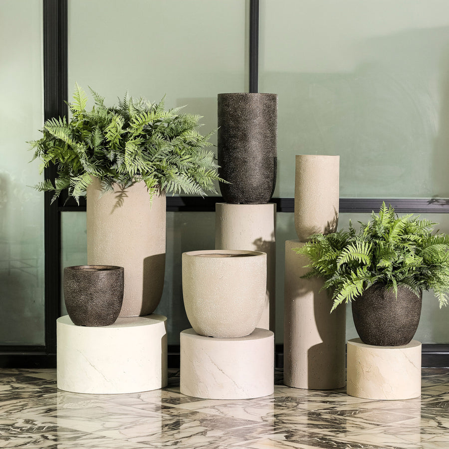 Joelle beige rough-textured round planter, tall