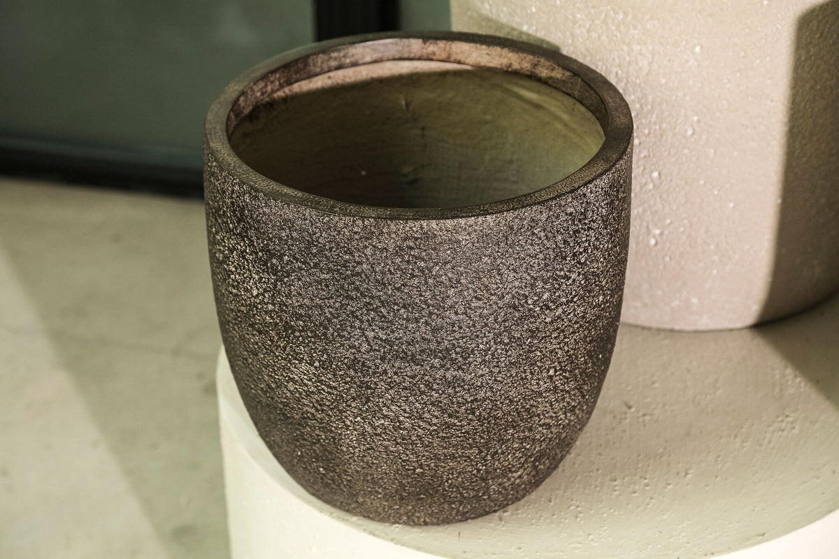 Joelle dark brown rough-textured round planter, tall