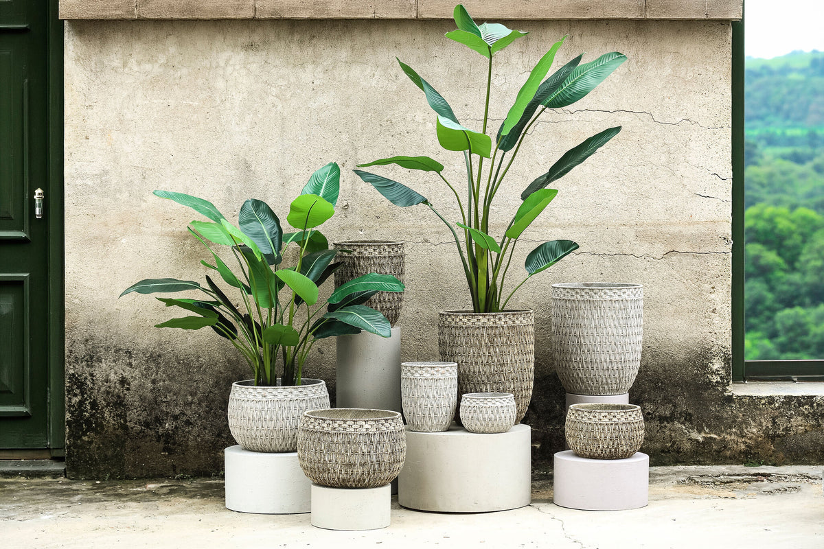 Cruse grey basket-look concrete planter, low