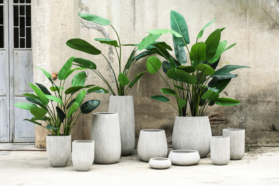 Spencel beige straight-sided carved concrete planter set