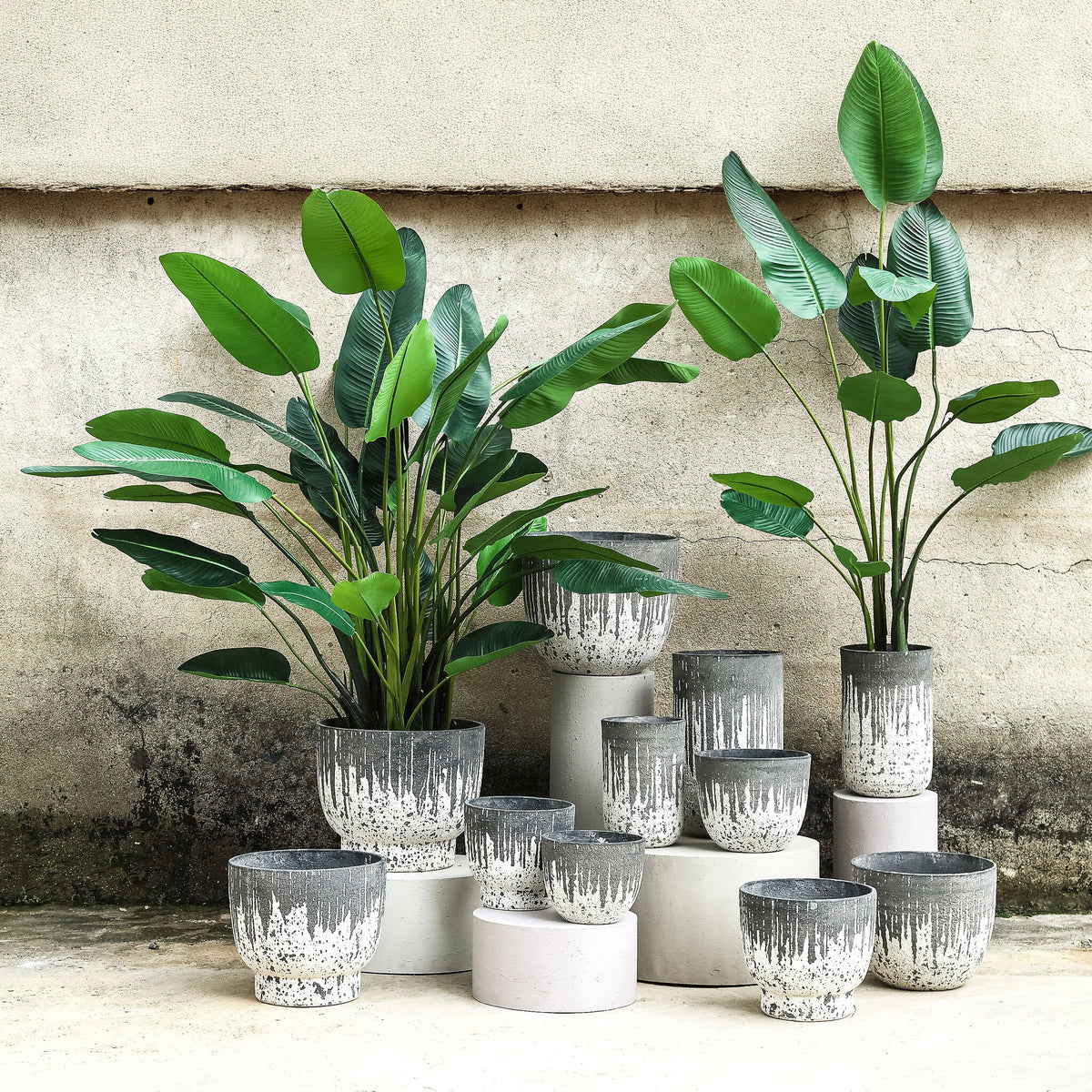 Lawton anthracite rough-textured concrete planter, tall, set