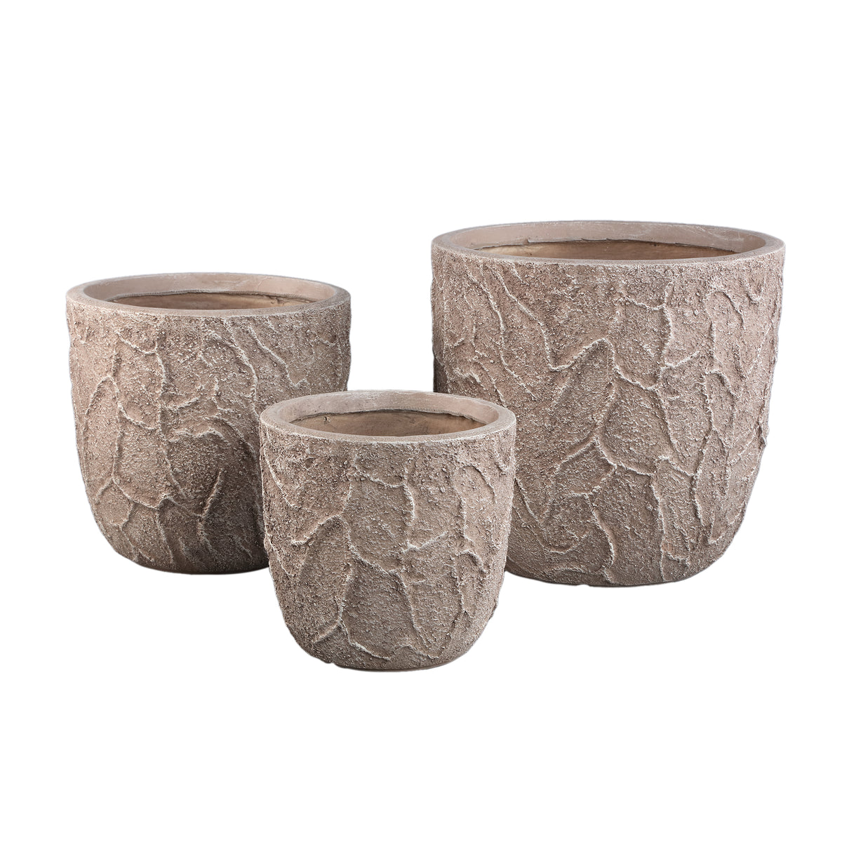 Beliz sand rough-structure concrete planter, low, set