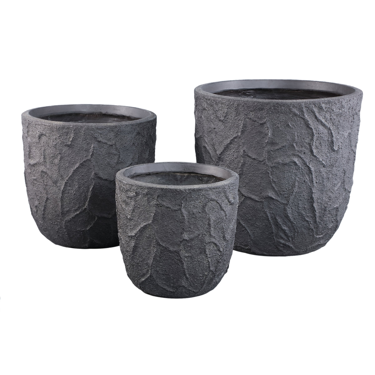 Beliz dark grey rough-structure concrete planter, low, set