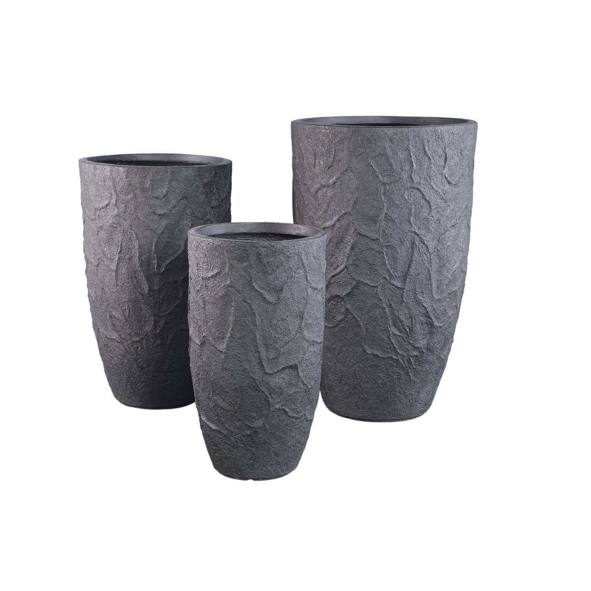 Beliz dark grey rough-structure concrete planter, high, set