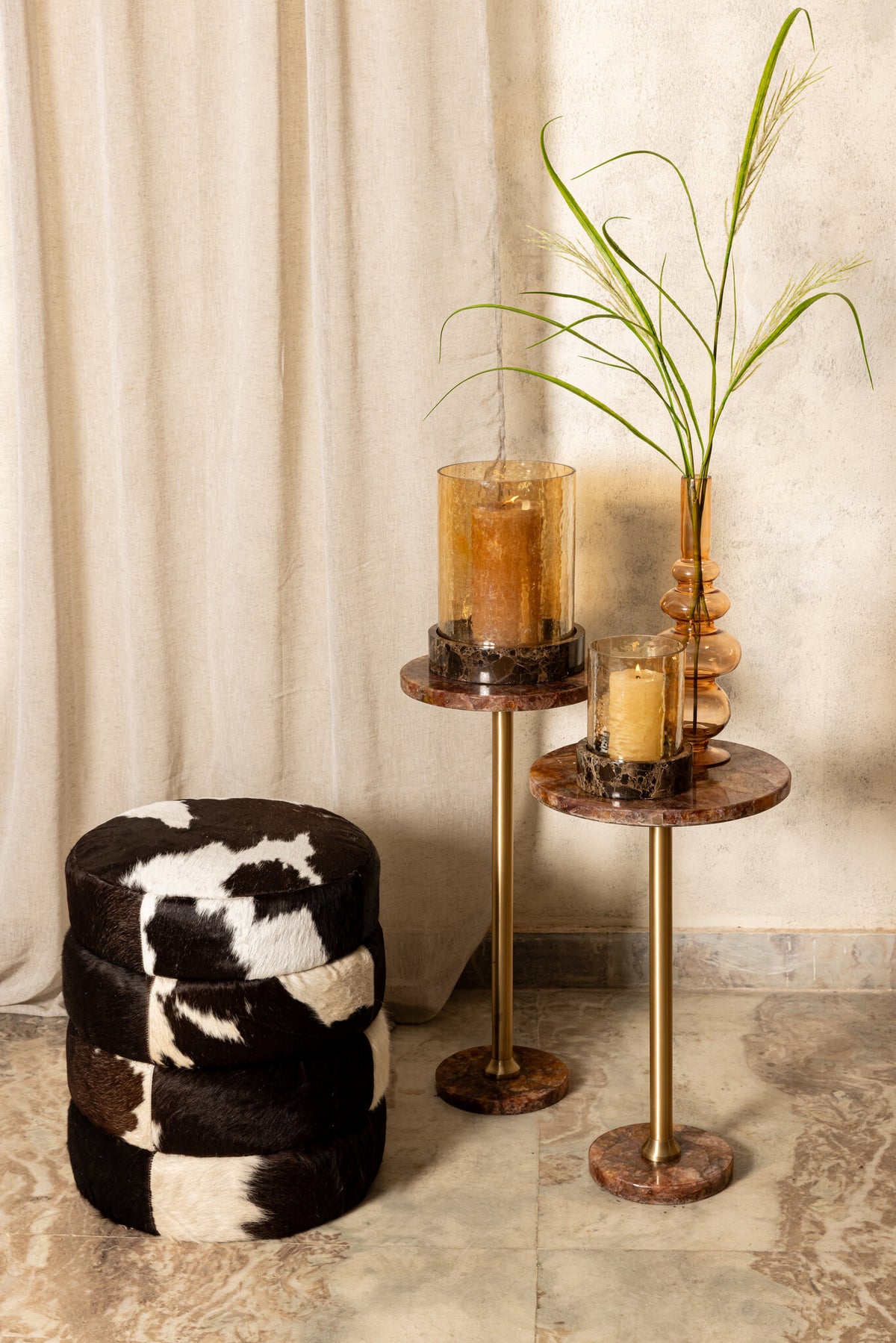Royan dark brown cowhide storage pouffe, round