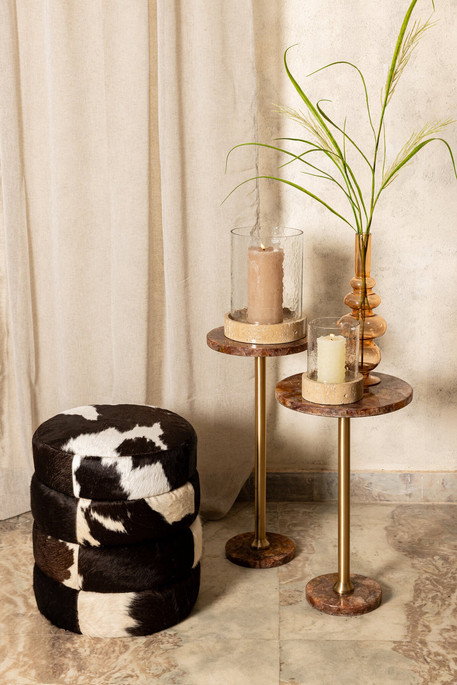 Royan dark brown cowhide storage pouffe, round