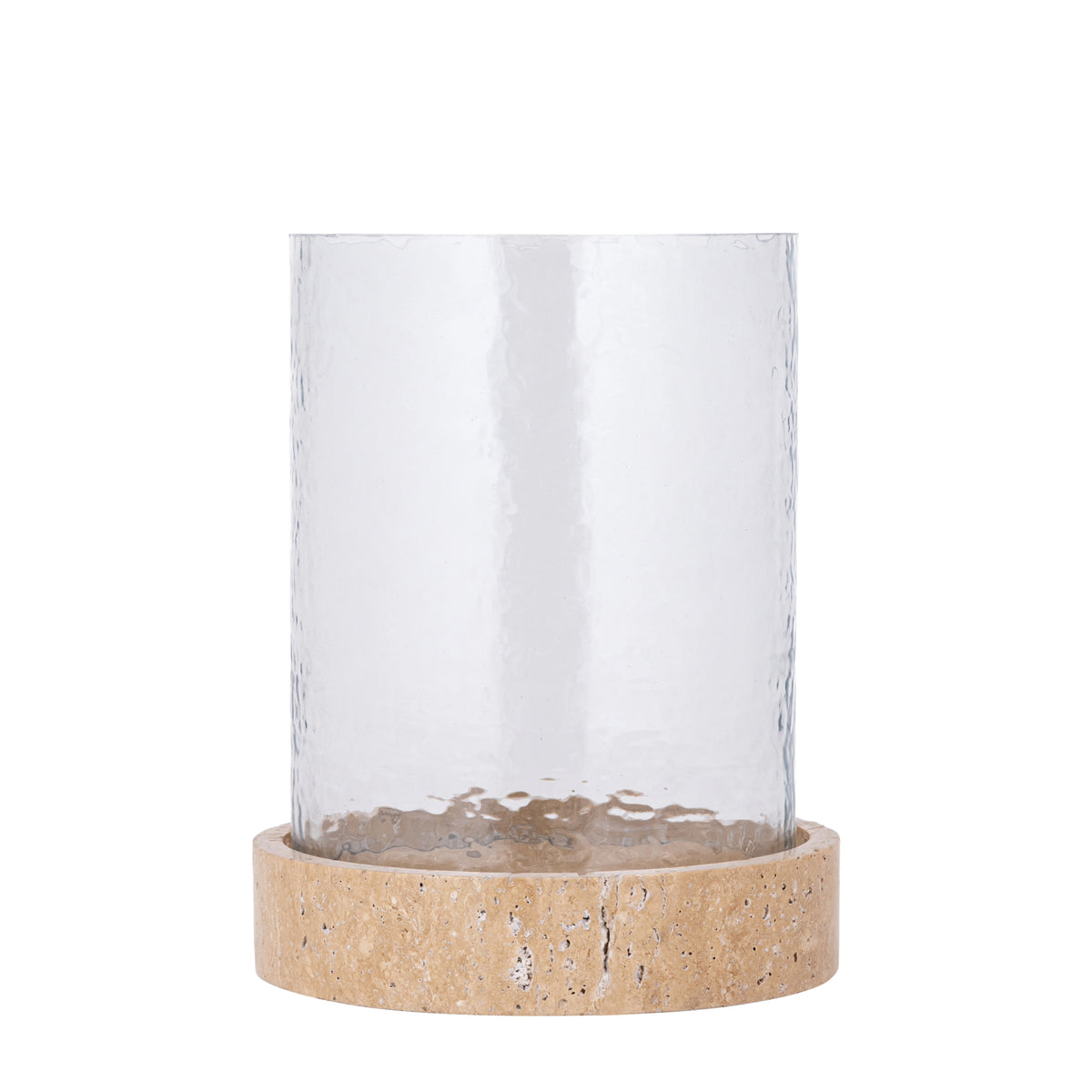 Hailiey beige travertine hurricane lantern with glass, large