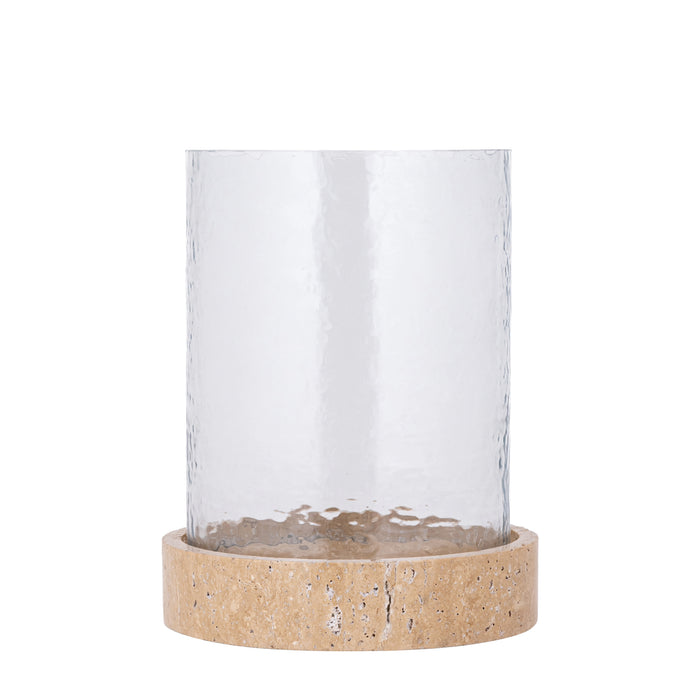 Hailiey beige travertine hurricane lantern with glass, large