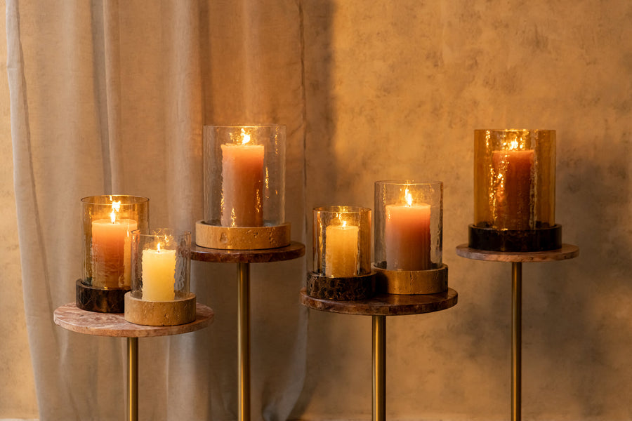Hailiey burgundy marble hurricane lantern with glass, large