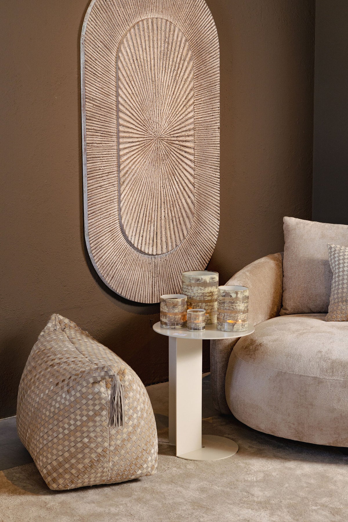 Sim grey suede and cowhide leather boat-shaped pouf
