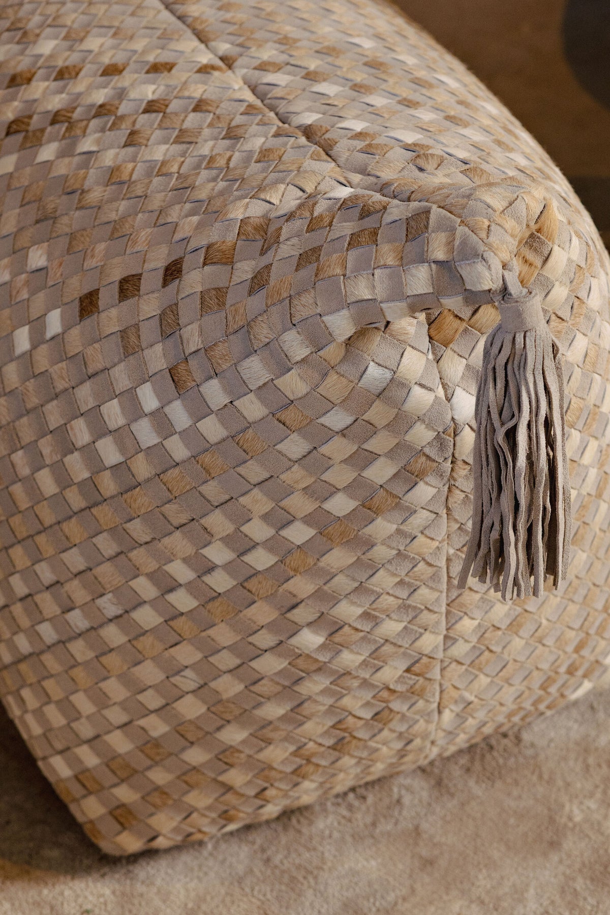 Sim grey suede and cowhide leather boat-shaped pouf
