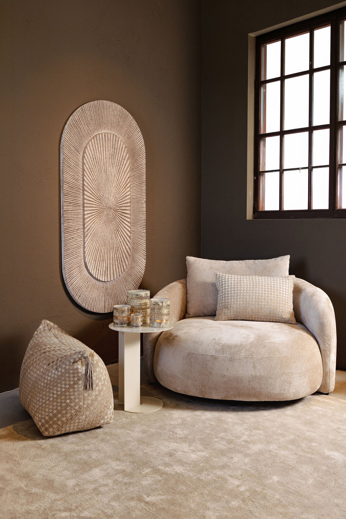 Sim grey suede and cowhide leather boat-shaped pouf