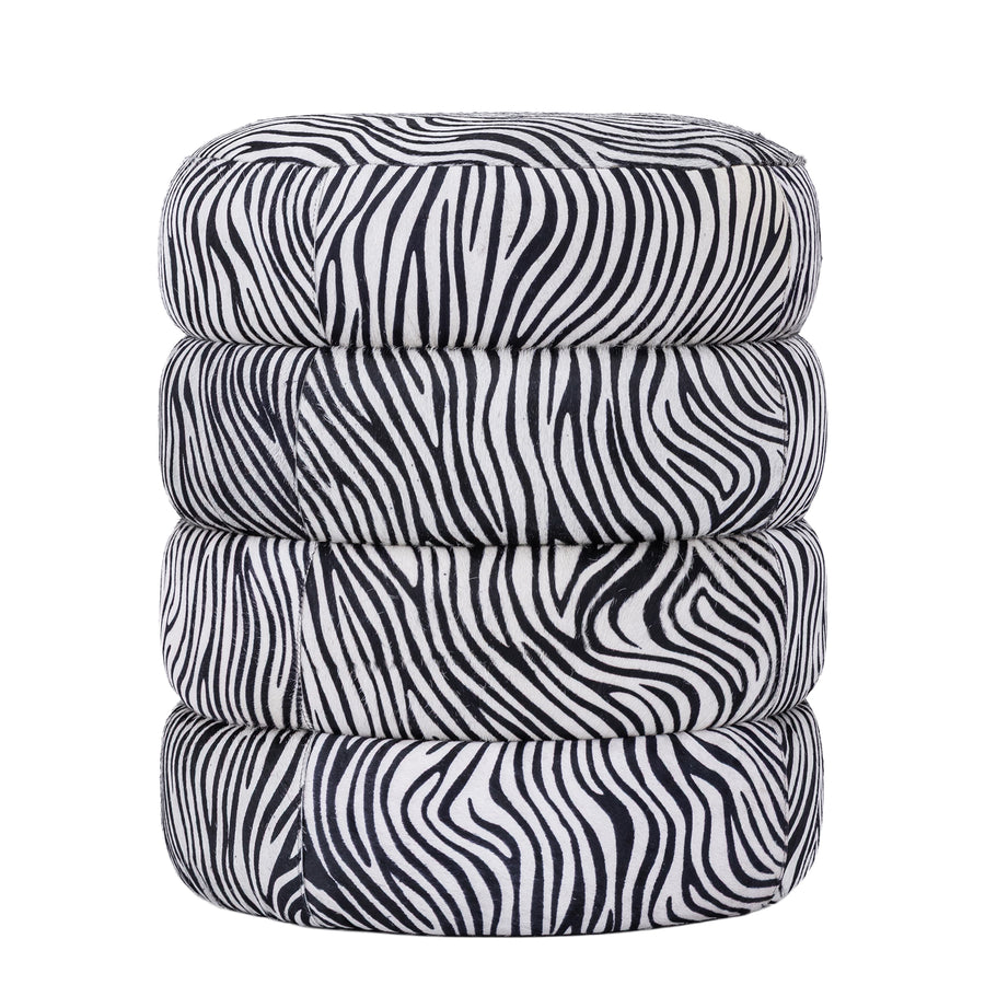 Royan black zebra-pattern cowhide storage pouffe, round