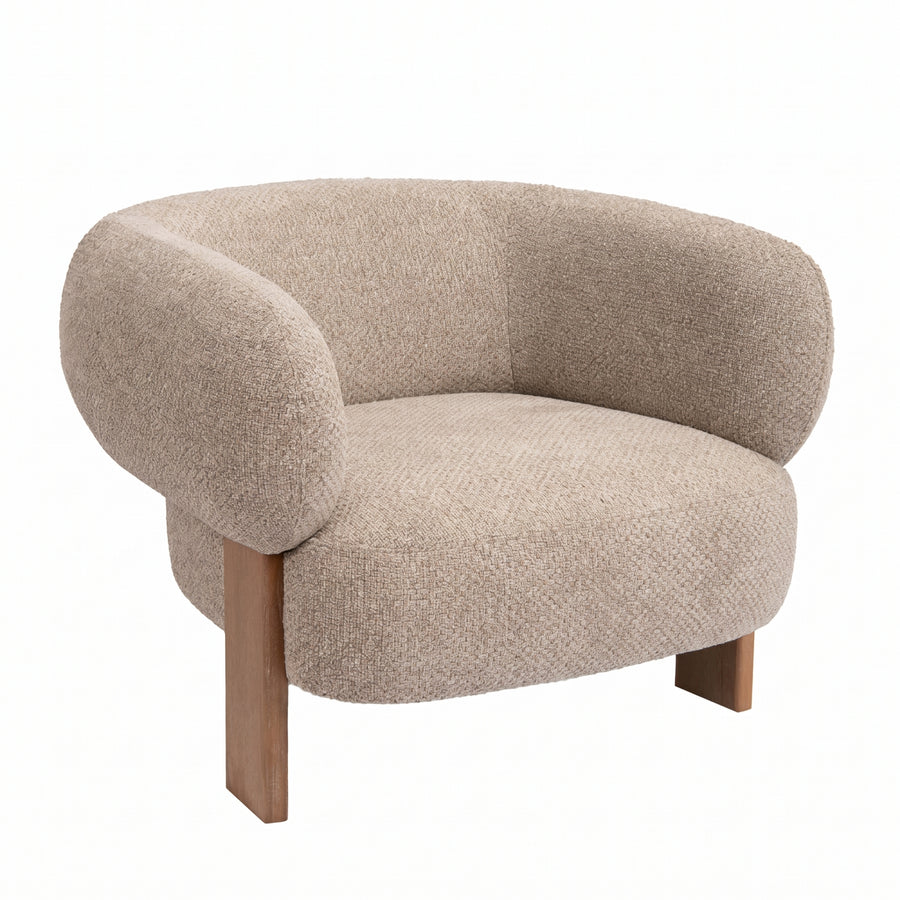 Nomy taupe fabric armchair with rubberwood frame