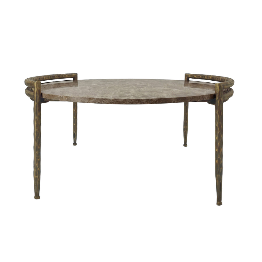 Dented marble coffee table with iron legs