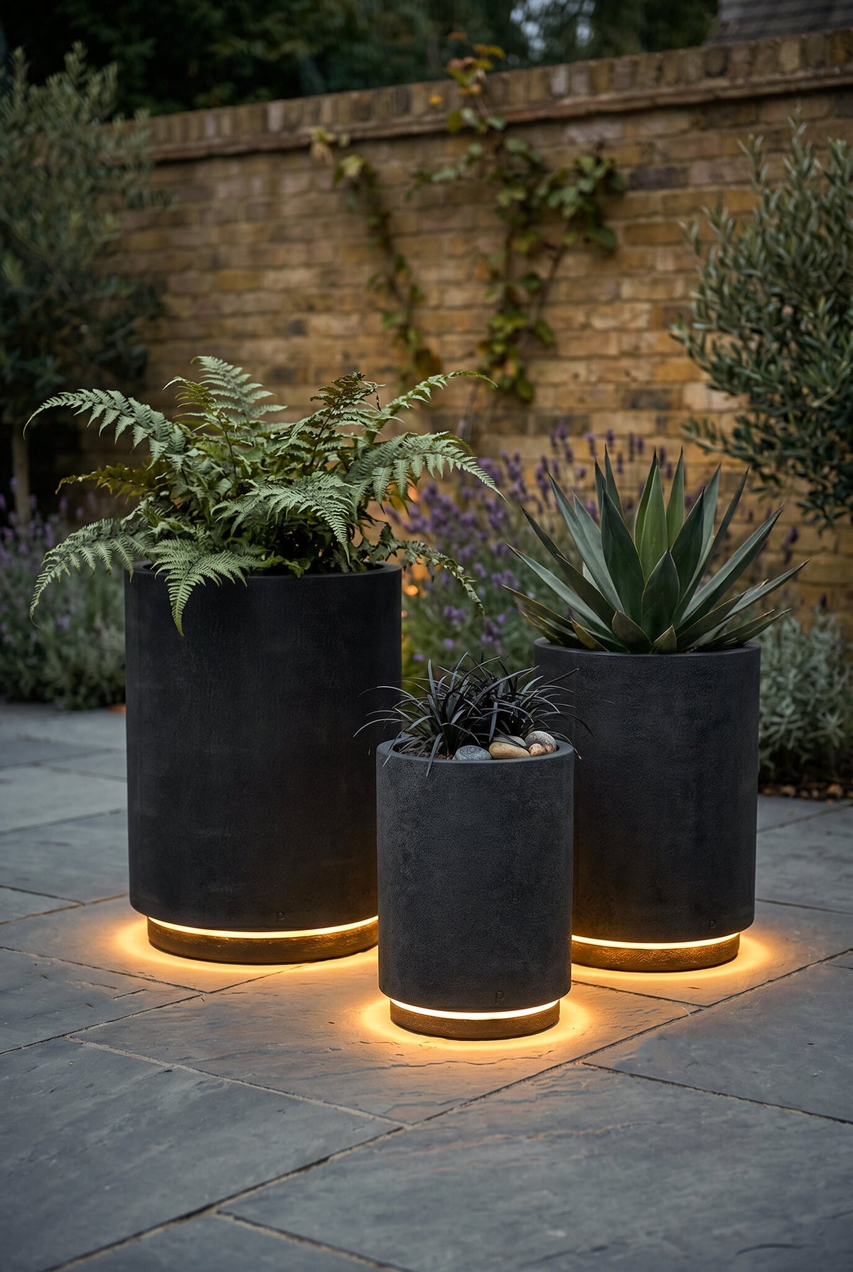 Mauro dark grey rough-textured outdoor planter with LED light, set