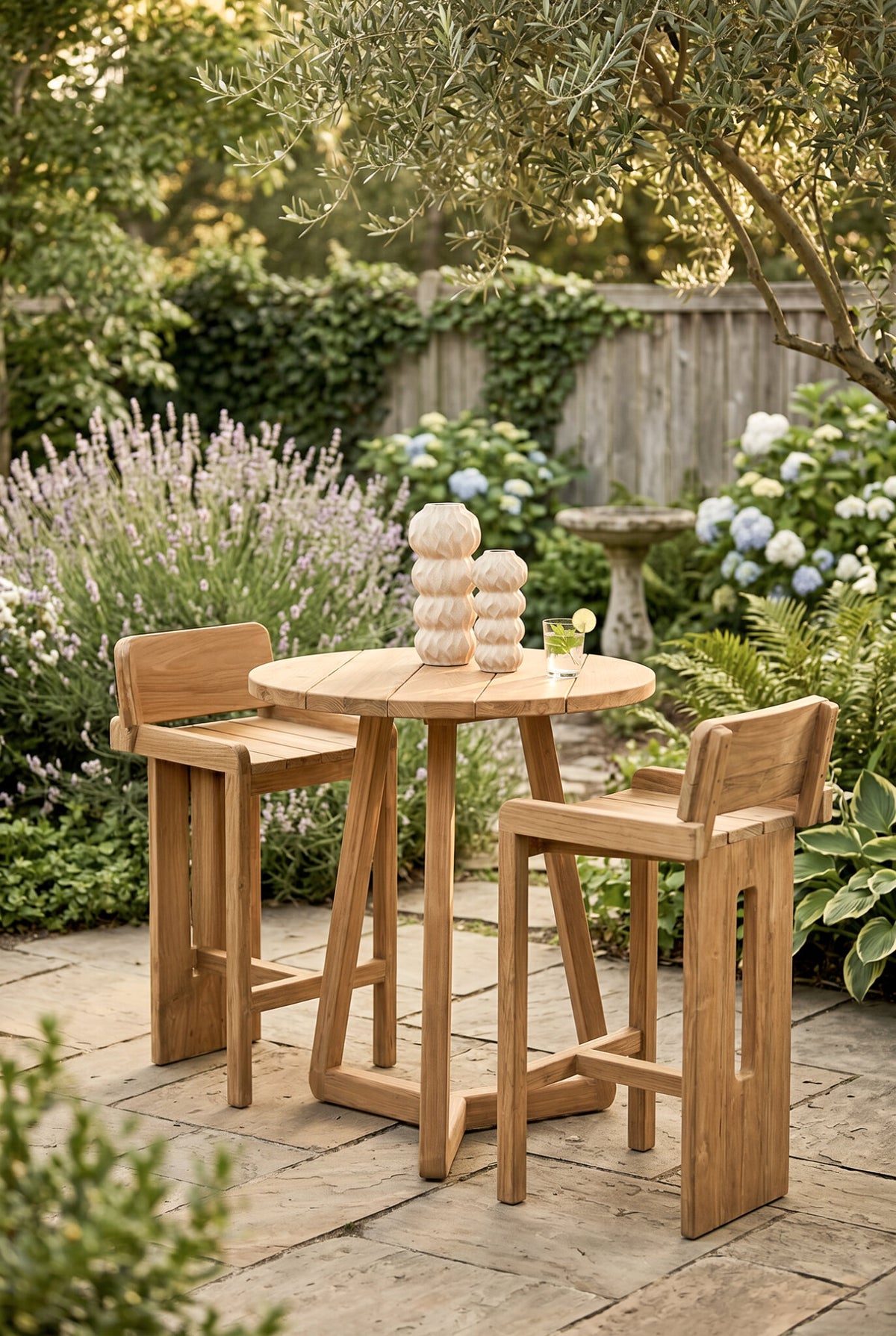 Danni natural teak bar table with cross base