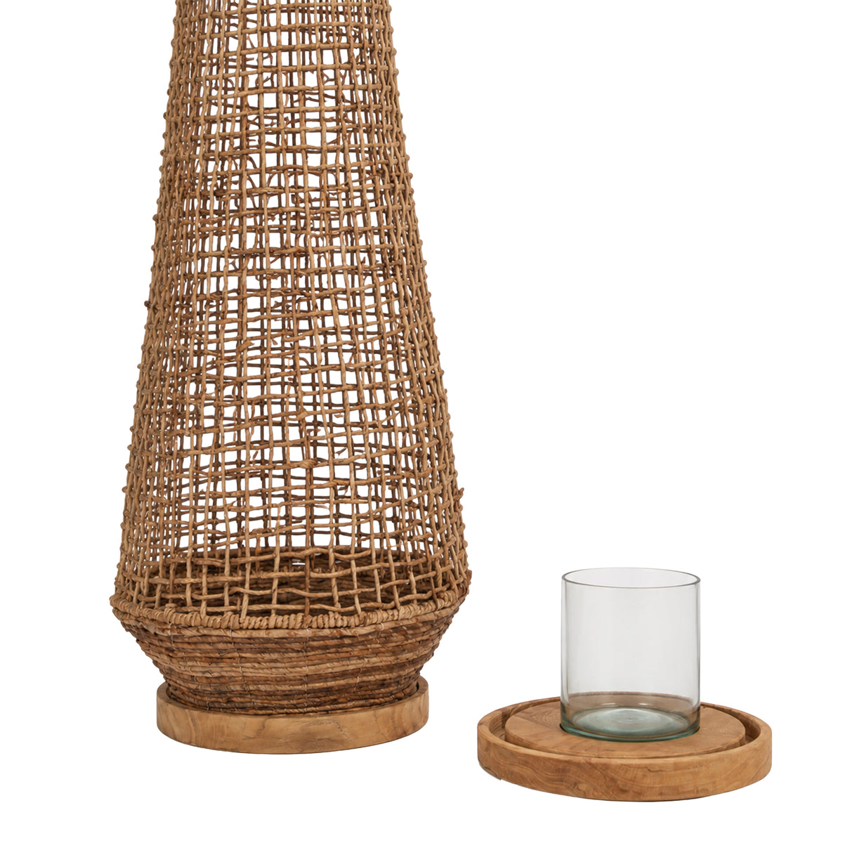 Keidon dark brown rattan and teak lantern with glass, medium
