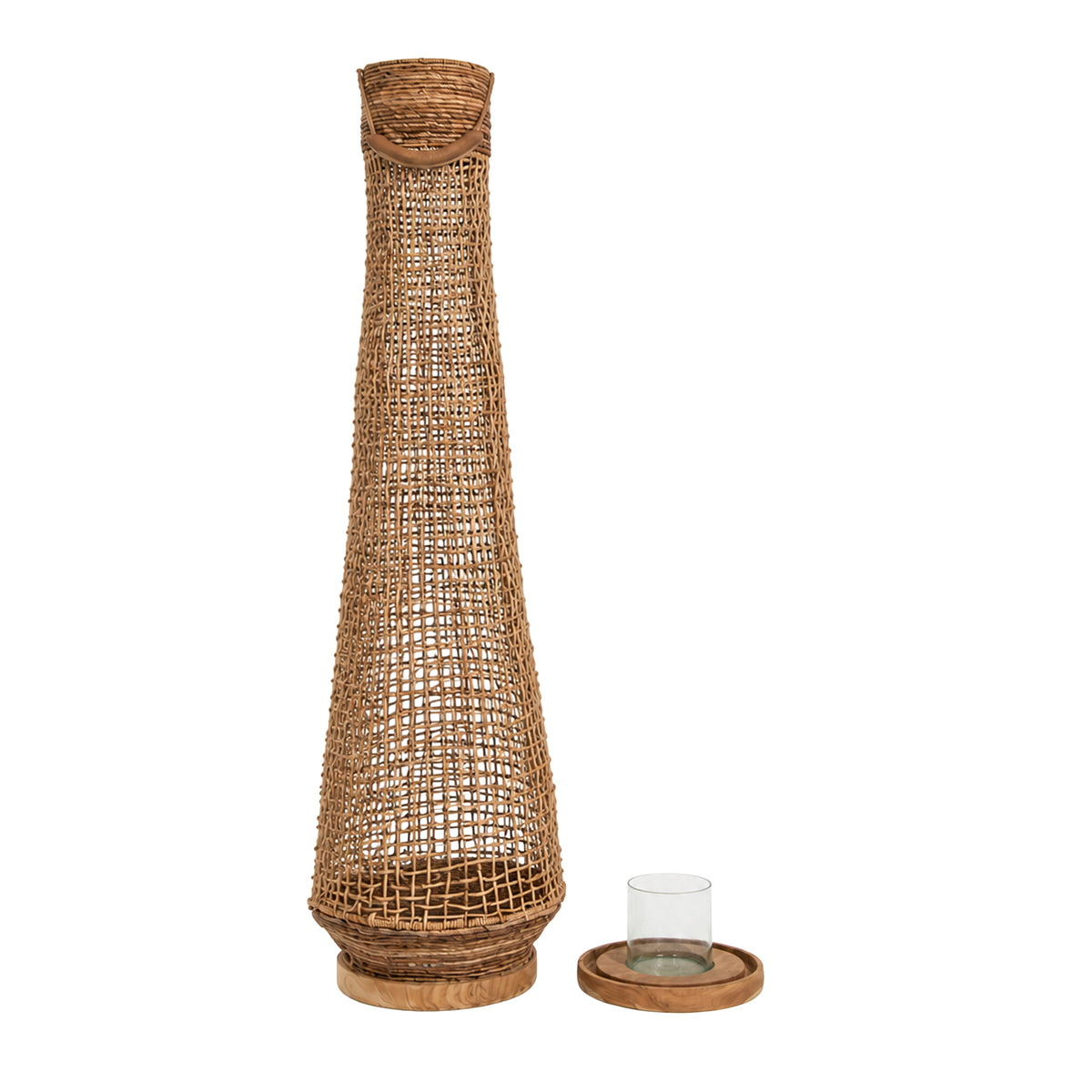 Keidon dark brown rattan and teak lantern with glass, medium