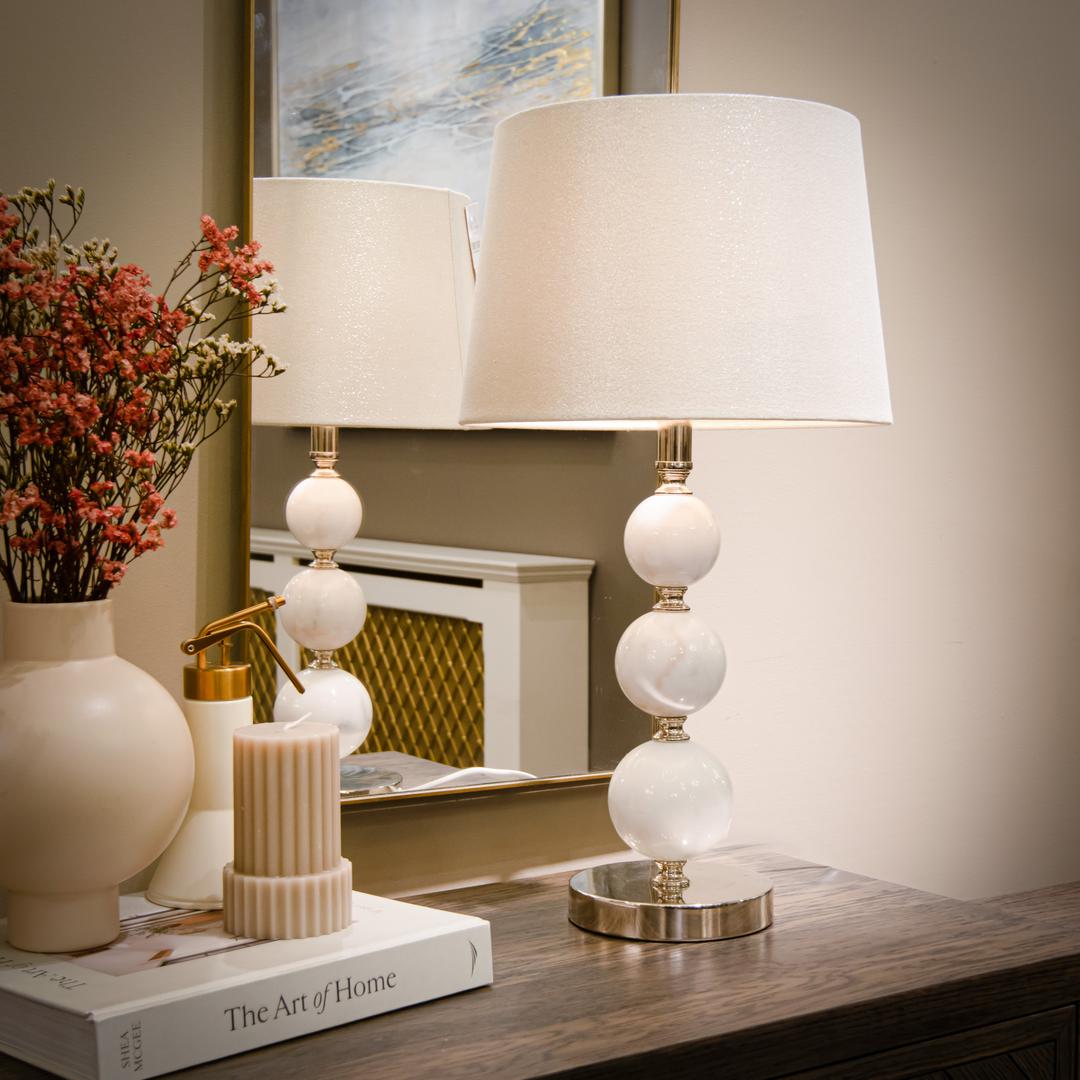 Alberg Table Lamp in brushed nickel and white — front view