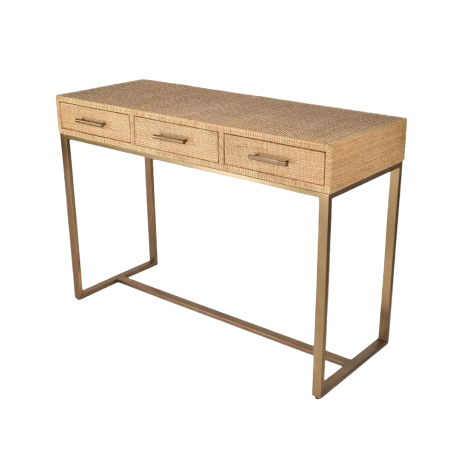 Athos Console Table in antique brass and natural — front view