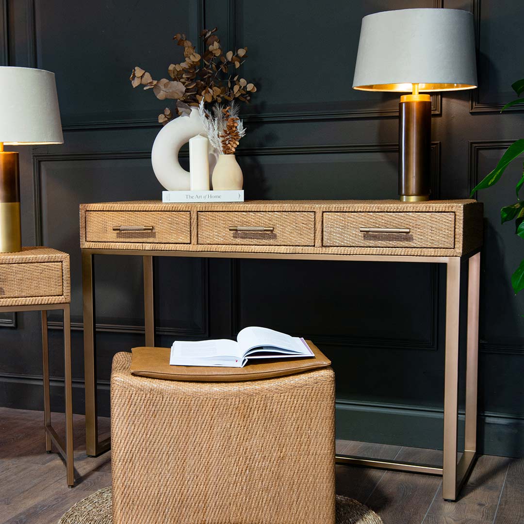 Athos Console Table in antique brass and natural — alternative angle