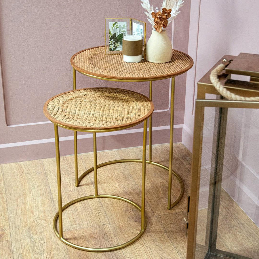 Ayla Nest of Tables in antique brass and natural — front view