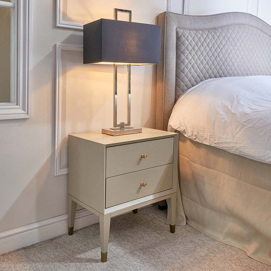 Bayeux Bedside Table in painted ceramic grey and brass — detail